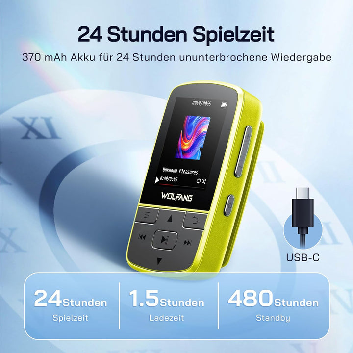 WOLFANG MP3-Player mit Bluetooth 5.2, Sportclip, Mini-Grösse, Gewicht 28,3 g, HiF-FM-Radio, Diktierg