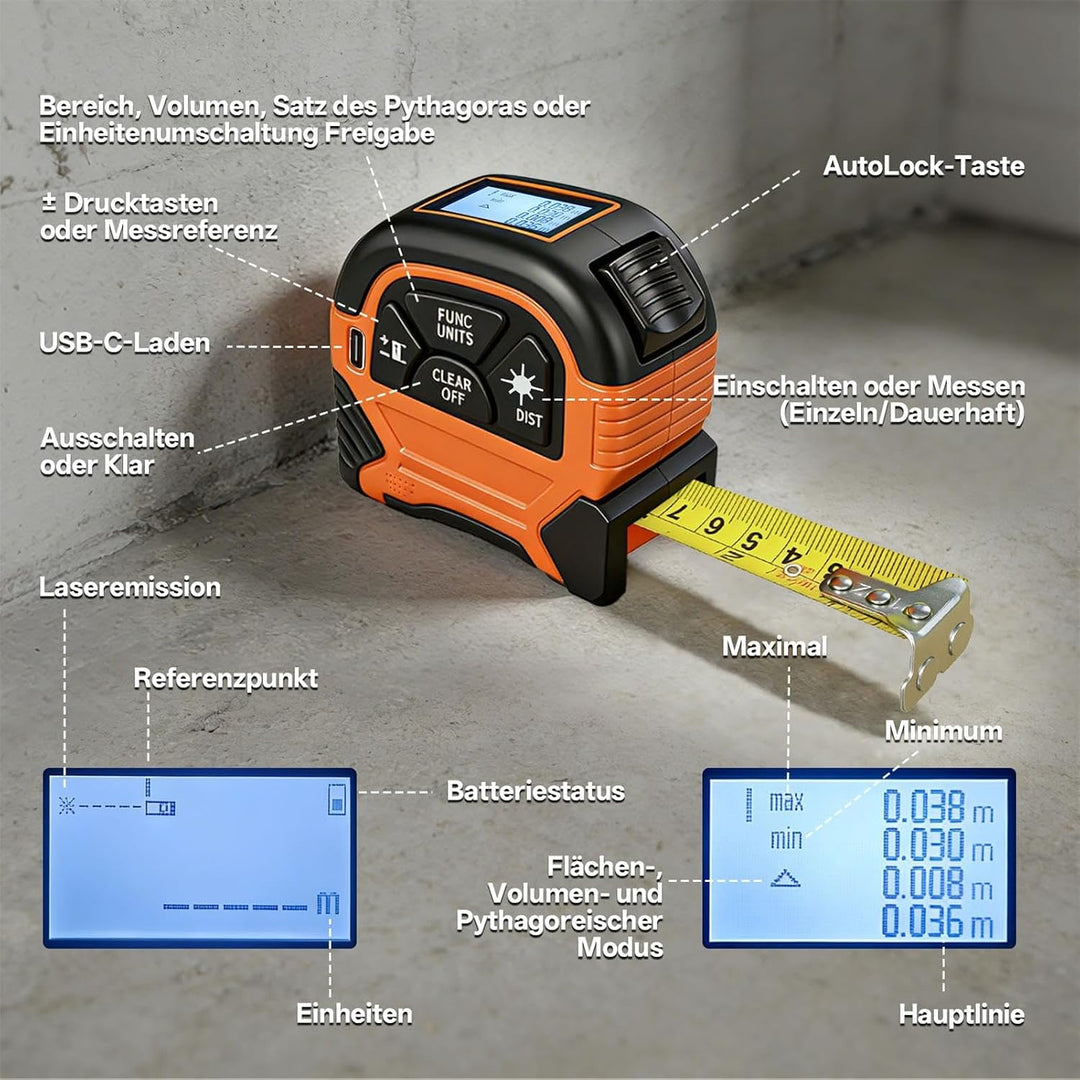 2 in 1 Laser Massband - ansigtny Laser Entfernungsmesser 60 m &amp; 5 m Massband mit LCD-Display Unterst