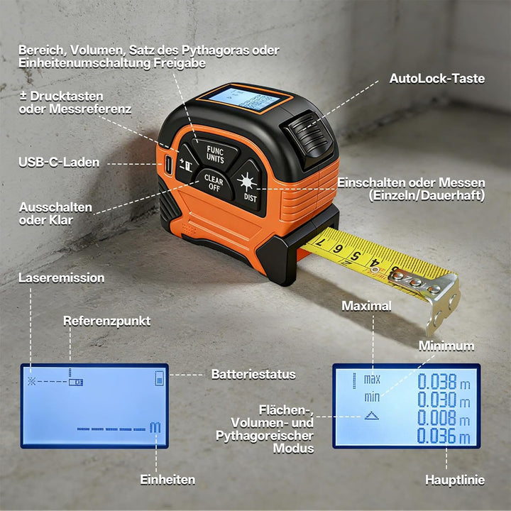 2 in 1 Laser Massband - ansigtny Laser Entfernungsmesser 60 m &amp; 5 m Massband mit LCD-Display Unterst
