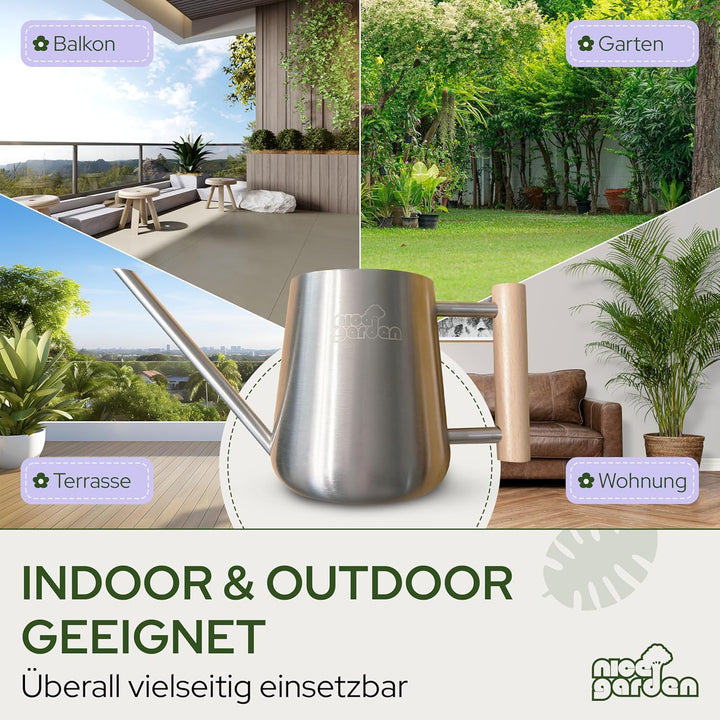 Edelstahl Giesskanne 1L | Design Blumengiesskanne mit Holzgriff | extra stabil & stilvoll | perfekt