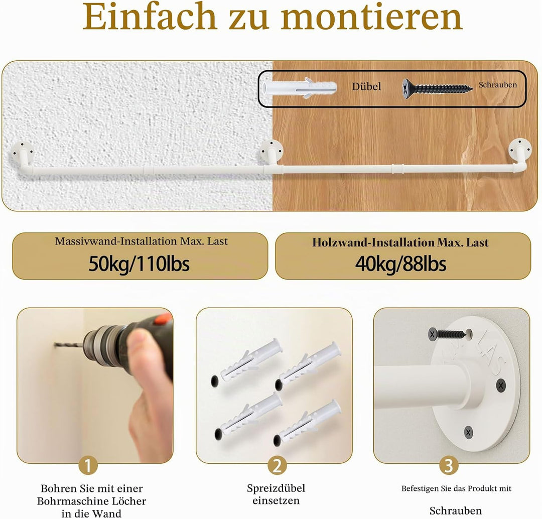 Yawinhe Industrierohr Kleiderstangen,180cm Kleiderständer für die Wand, Platzsparenders Wandregal Kü