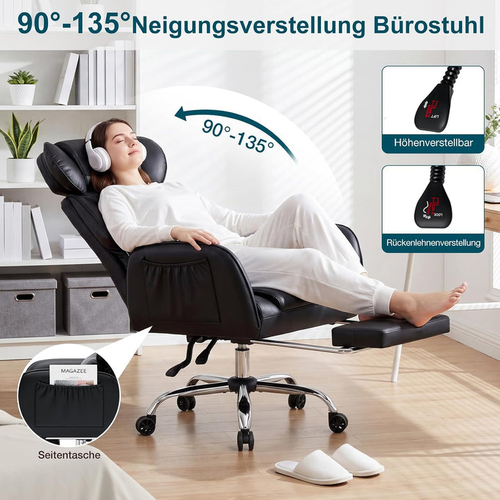 HOFFREE Schneidersitz Bürostuhl Ergonomischer Leder Chefsessel mit Fussstütze und Verstellbaren Arml