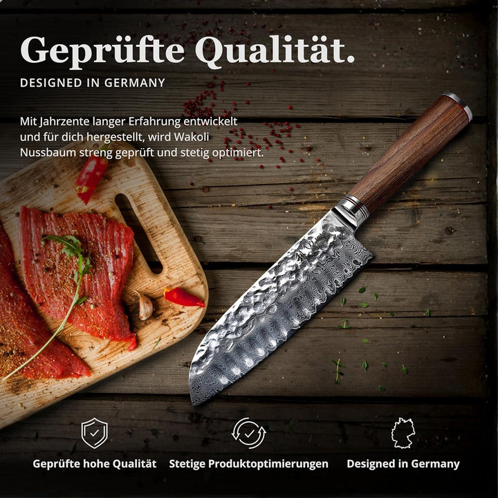 Wakoli Nussbaum Exklusives Premium Damast Santoku Messer 17,50 cm extrem scharfe Klinge I Profi Koch