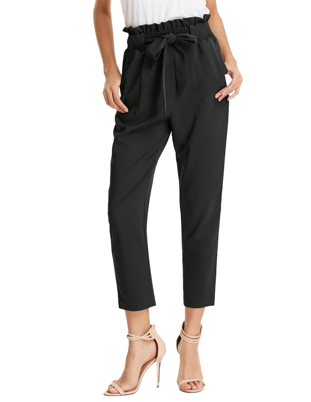 GRACE KARIN Damen Casual Hose Elastic Waist Slim Fit Paperbag Hose Schleife Gürtel Hohe Taille Hose
