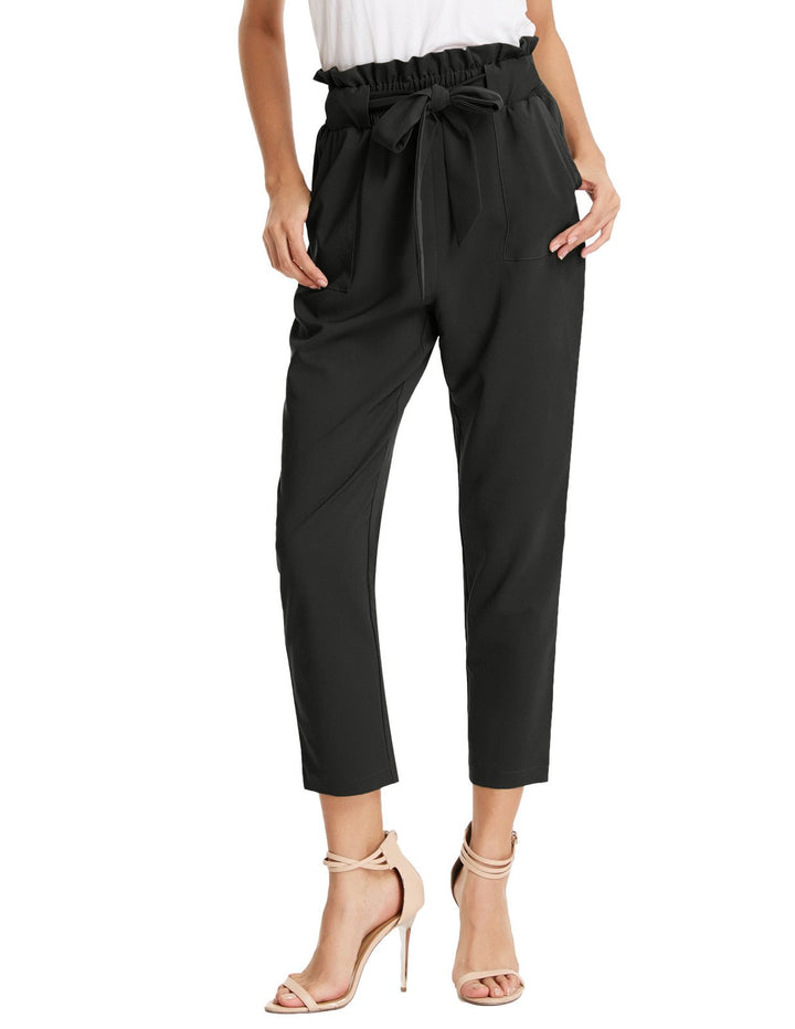 GRACE KARIN Damen Casual Hose Elastic Waist Slim Fit Paperbag Hose Schleife Gürtel Hohe Taille Hose
