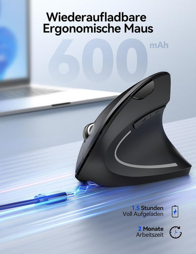 TECKNET Ergonomische Maus Kabellos, 2.4G USB Optische Vertikale Maus Ergonomisch mit Ladekabel, 800/