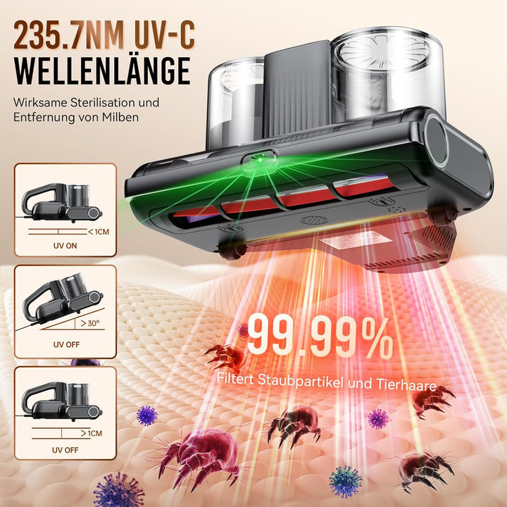 Milbensauger für matratzen mit UV-Licht, 16Kpa Matratzenreiniger Bettstaubsauger, 500W Bett-Staubsau