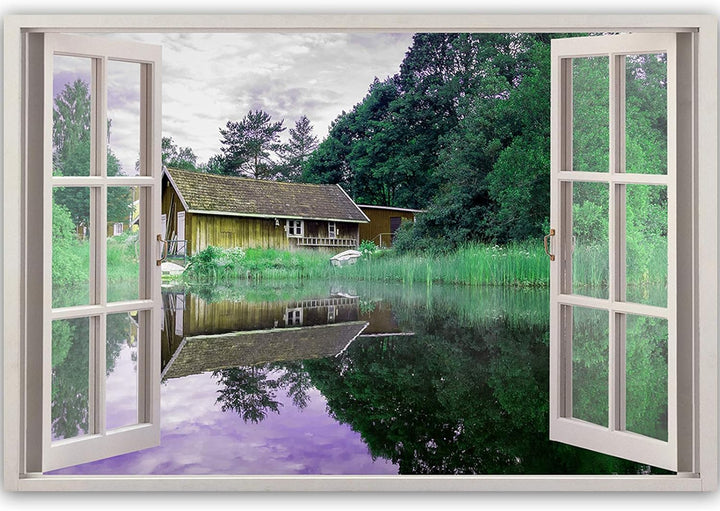 Feeby Leinwand Bilder - Fensterblick Lakeside House - Vlies 45x30 cm - Deko Wohnzimmer - Wandbilder