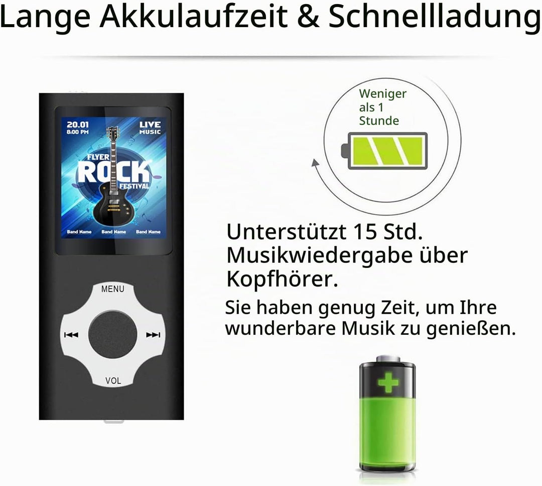 Tabmart MP3 MP4 Musik Player Inklusiv 32GB MicroSD Unterstützung Audio Player Media Player 1,81 Zoll