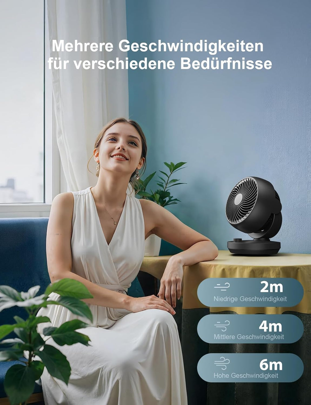 Ventilator Leise, 22dB Tischventilator mit Luftzirkulation, 3D Turbo Air Circulator, 3 Stufen & 100°