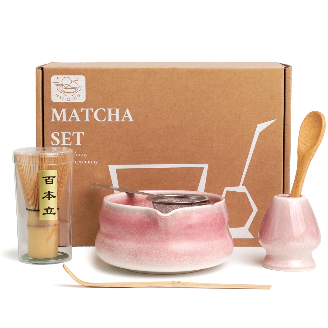 HEI MING Premium Matcha Set 6-teilig – Exklusives Matcha Tee Set mit Bambus-Chasen (Besen), Rosa Ker