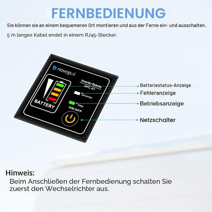 NOVOPAL 2500W Wechselrichter 12v Auf 230v Reiner Sinus Spannungswandler mit 2 EU-Steckdose und Einer