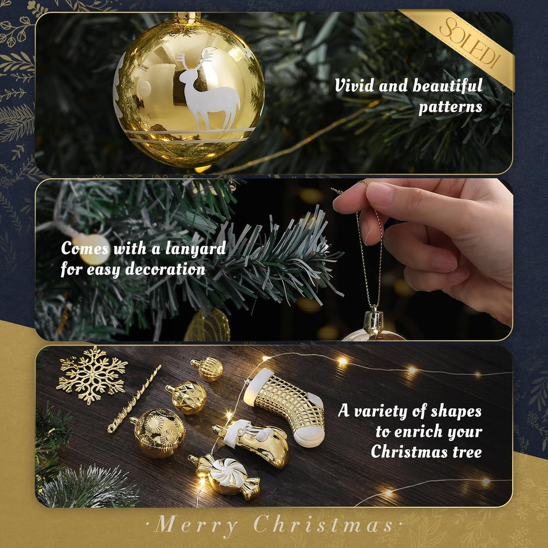 SOLEDI® 128er Set Premium Weihnachtskugeln Kunststoff Gold Weiss mit Baumspitze Stern - Robuste und