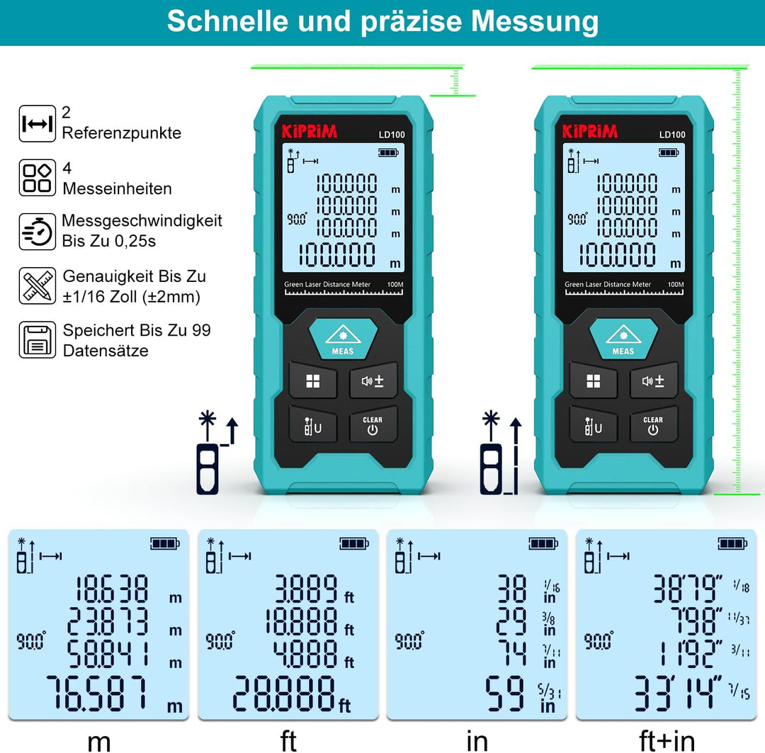 Kiprim Laser-Entfernungsmesser Grün, 100m Digitales Messgerät mit USB-Typ-C-Akku, ±2mm Genauigkeit,