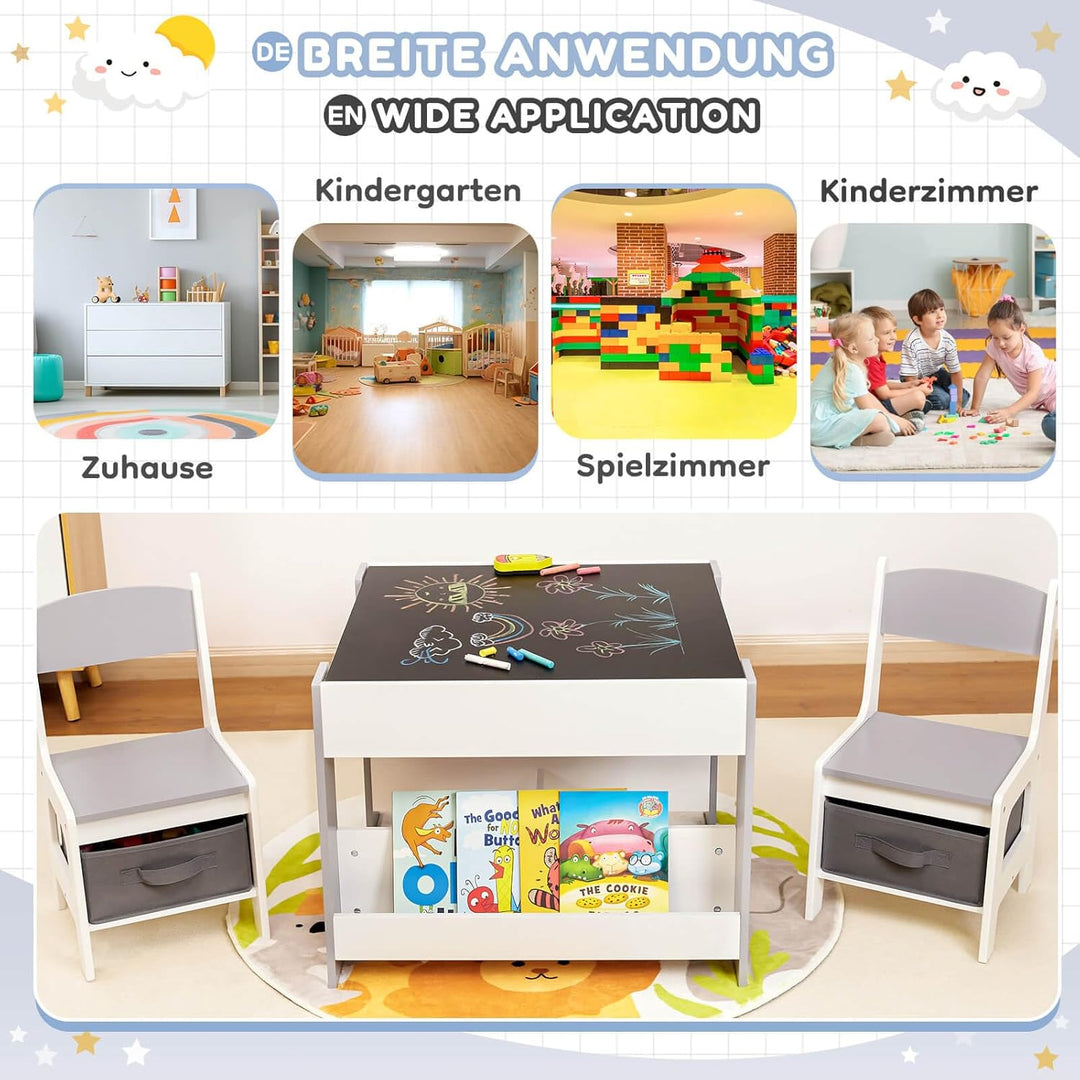 Yorbay Kindertisch mit 2 Stühle, Kindermöbel Set aus Holz mit Stauraum und Bücherregalen, 3 in 1 Mal