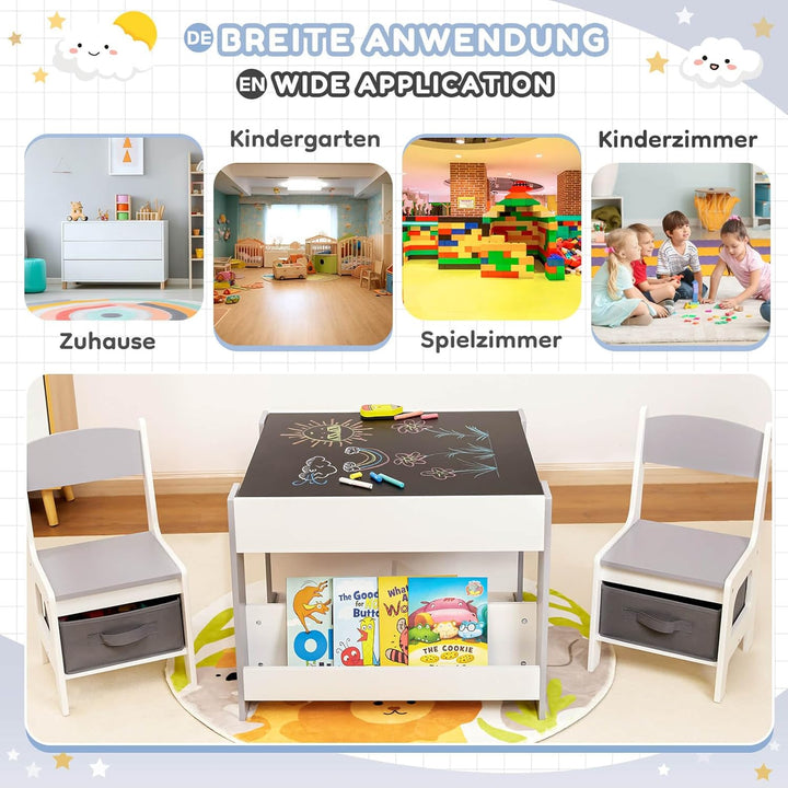 Yorbay Kindertisch mit 2 Stühle, Kindermöbel Set aus Holz mit Stauraum und Bücherregalen, 3 in 1 Mal
