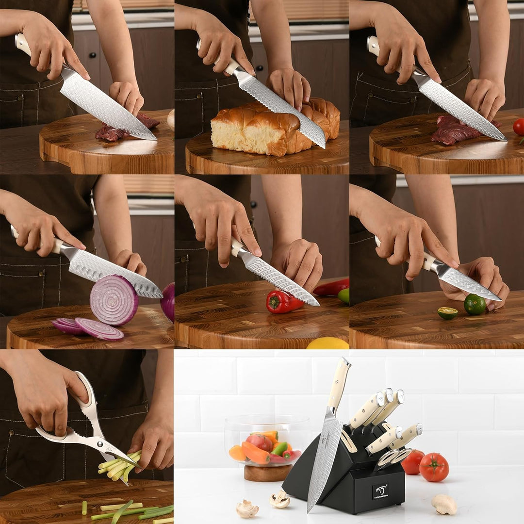 NANFANG BROTHERS Kochmesser Set 10 PCs Damaszener mit Block | VG 10-Kern Stahl, ABS Ergonomischer Gr