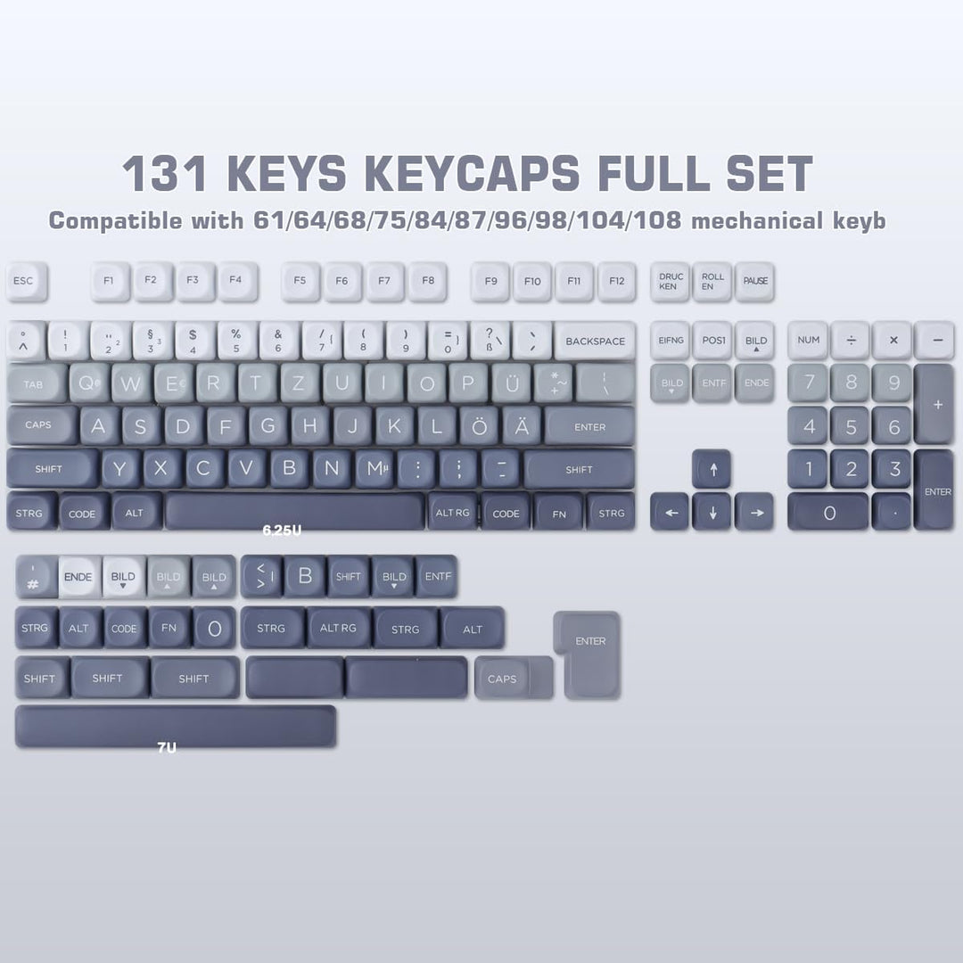 PBT German Keycaps 131 Keys Double Shot MOA Profile Keycap White-Grey Gradient Dye Sub Custom Keycap