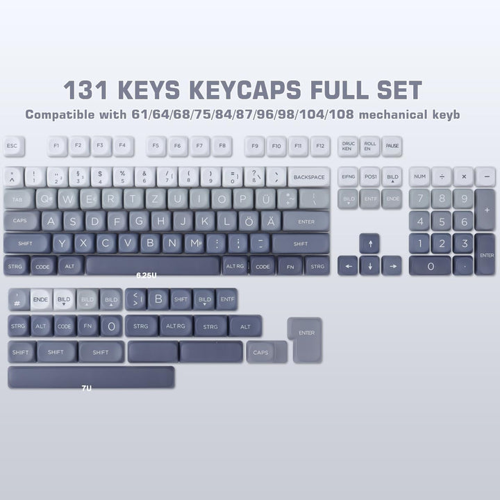 PBT German Keycaps 131 Keys Double Shot MOA Profile Keycap White-Grey Gradient Dye Sub Custom Keycap