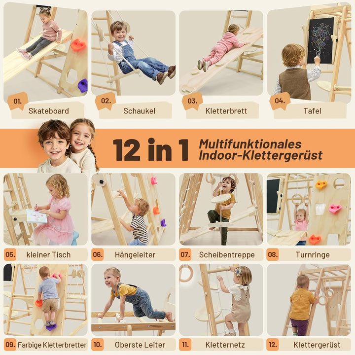 Maxi Klettergerüst Indoor, 12 in 1 Montessori Indoor Spielplatz Klappbar für Kinder aus Massivem Hol