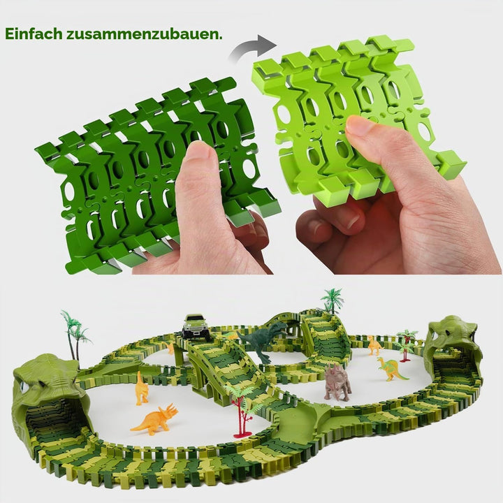 CELMAN Dinosaurier Spielzeug - Flexibles Rennbahn mit viele Teilen und Geländewagen, Autorennbahn Sp