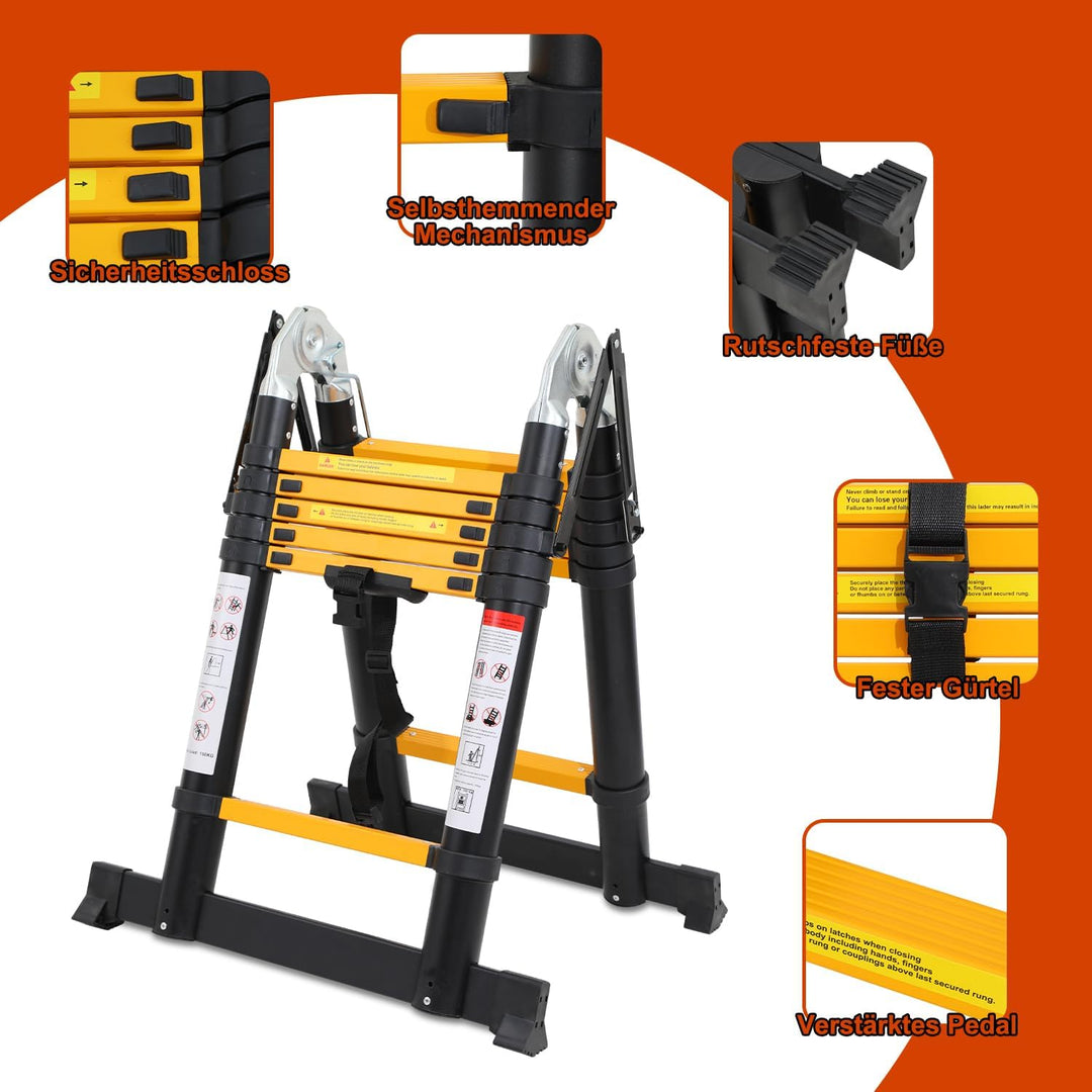 Cecaylie Teleskopleiter Klappleiter Aluminium, 3.8M(1.9M+1.9M) Ausziehbare Leiter mit Stabilisatoren