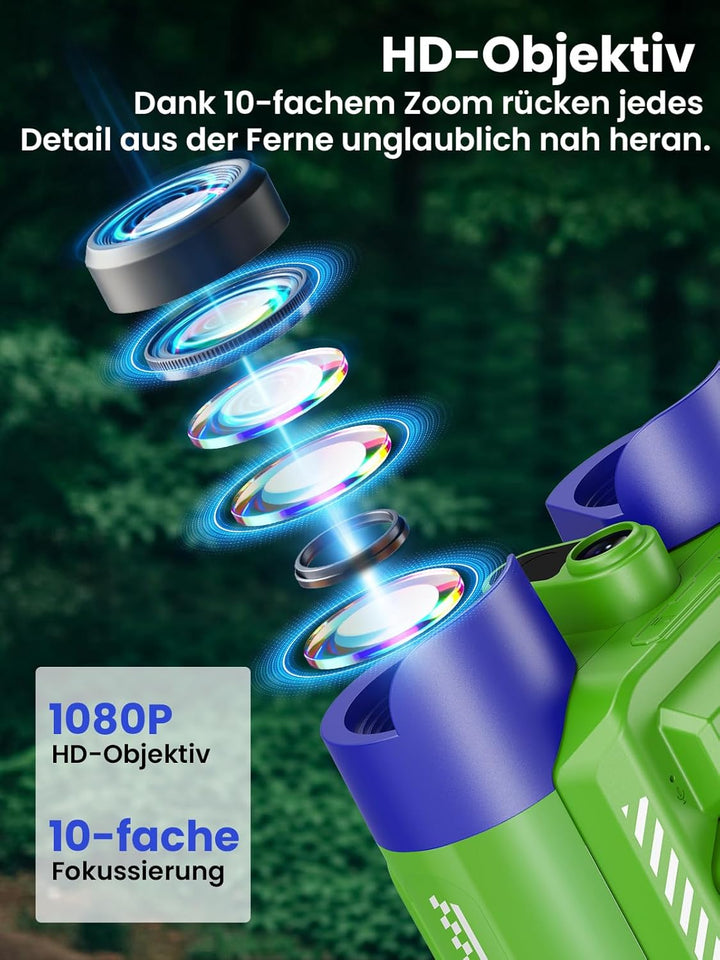 Acoath Fernglas für Kinder, 10-facher Optischer Zoom mit Nachtsich, Kamera mit Foto- & Videofunktion
