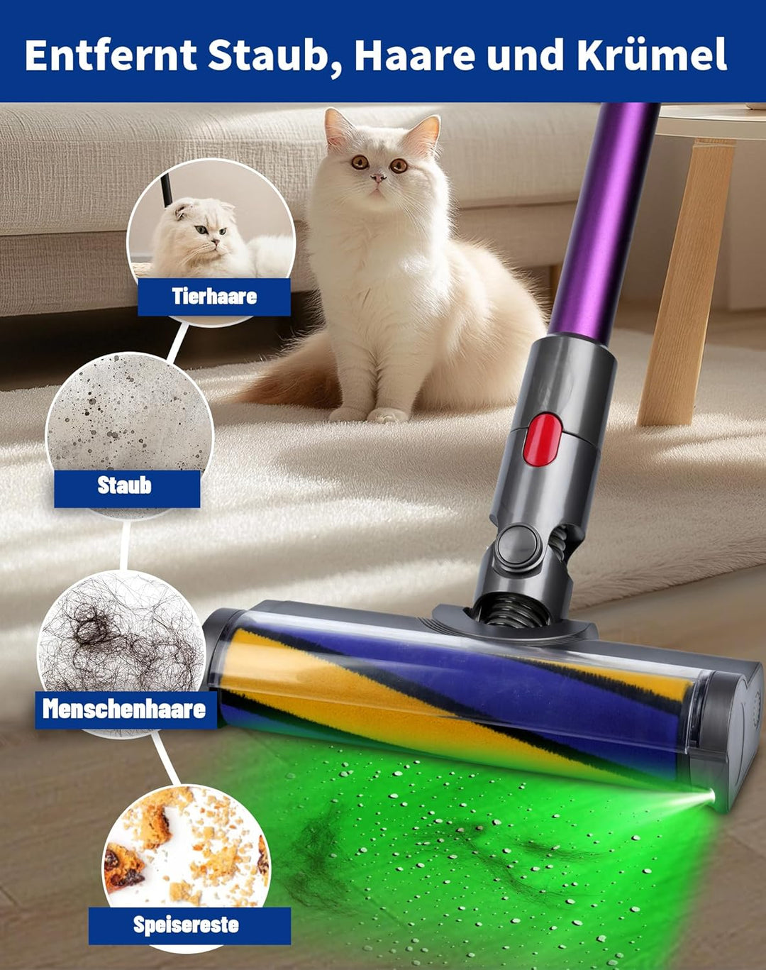 Bodendüse für Dyson V7 V8 V10 V11 V15 Staubsauger Bürste Ersatzteil Softwalze Bodenbürste mit LED-Li