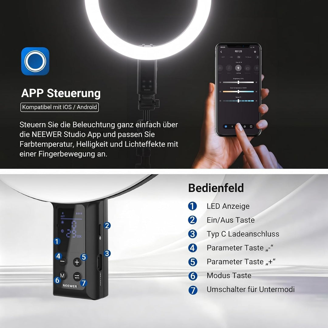 NEEWER 12" Selfie Ringlicht mit App Steuerung/Fernbedienung/Stativ, 3200mAh, zweifarbige LED, CRI 95