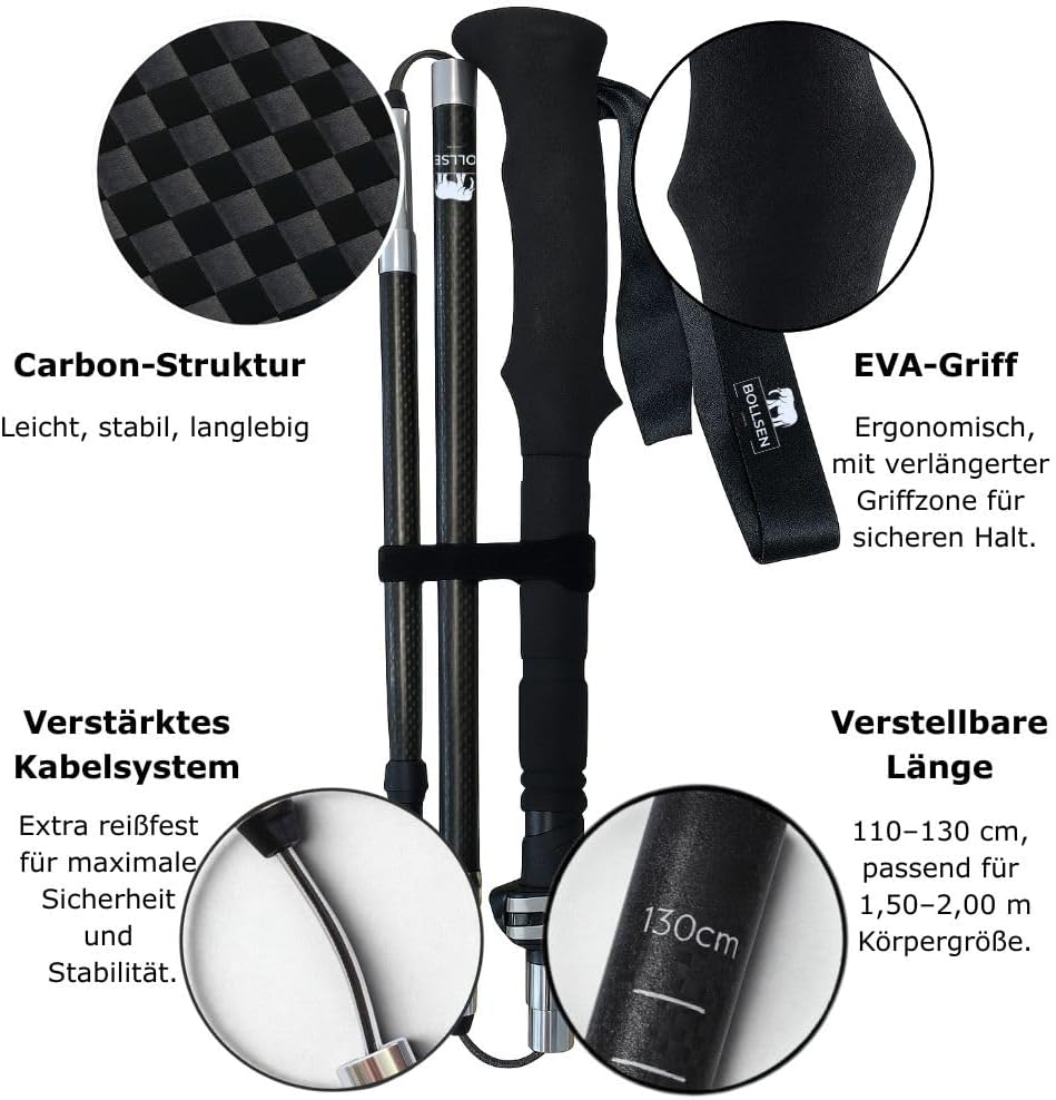 BOLLSEN 3K Carbon Extreme Wanderstöcke klappbar – Ultraleichte Carbon Trekkingstöcke, faltbar & höhe