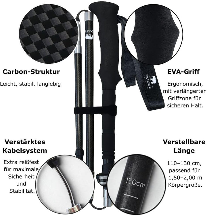 BOLLSEN 3K Carbon Extreme Wanderstöcke klappbar – Ultraleichte Carbon Trekkingstöcke, faltbar & höhe