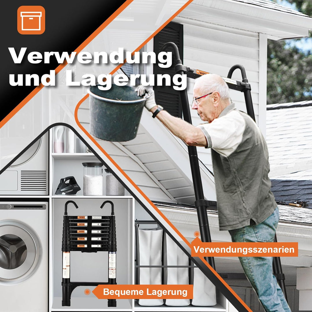 HBTower 3,2m Teleskopleiter Aluminium mit Haken, Leichte Ausziehleiter, Leiter Ausziehbar, klappbare