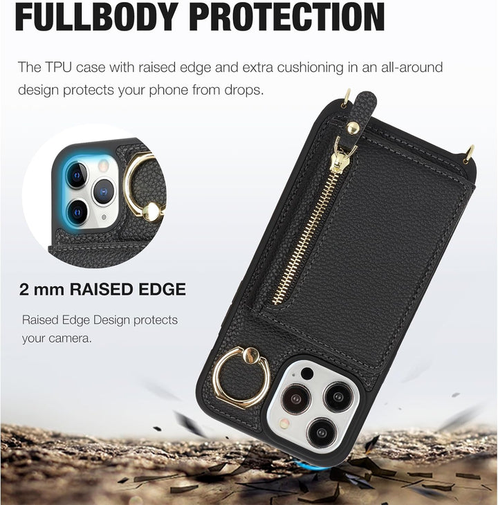 ELTEKER Handyhülle für iPhone 12 Pro Max Hülle mit Band Kartenfach Ringhalterung Geldbörse,Leder Kla