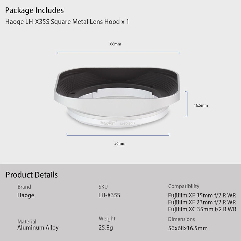 Haoge LH-X35S Bajonett Quadratisch Metall Gegenlichtblende für Fujifilm Fuji Fujinon XF 35mm f/2 R W