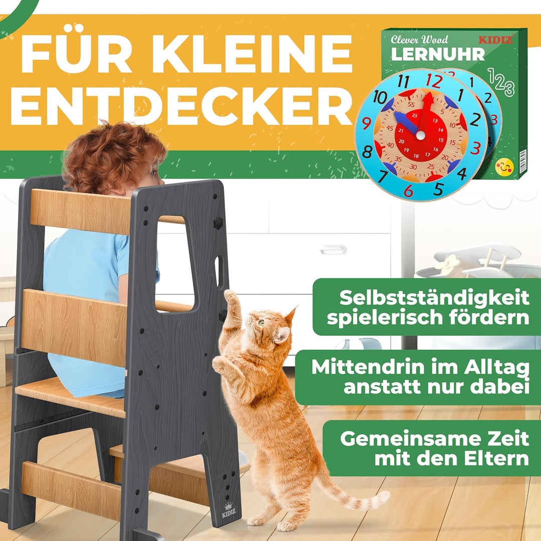 KIDIZ® Lernturm für Kinder ab 1 Jahr inkl. Lernuhr | 3-stufig Höhenverstellbarer Tritthocker aus Kie