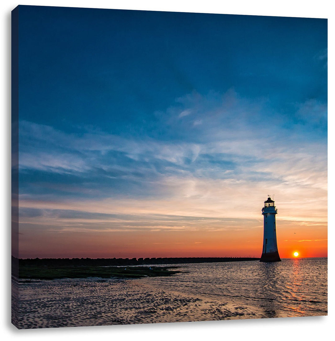 Pixxprint einsamer Leuchtturm im Sonnenuntergang, Format: 70x70 auf Leinwand, 70x70
