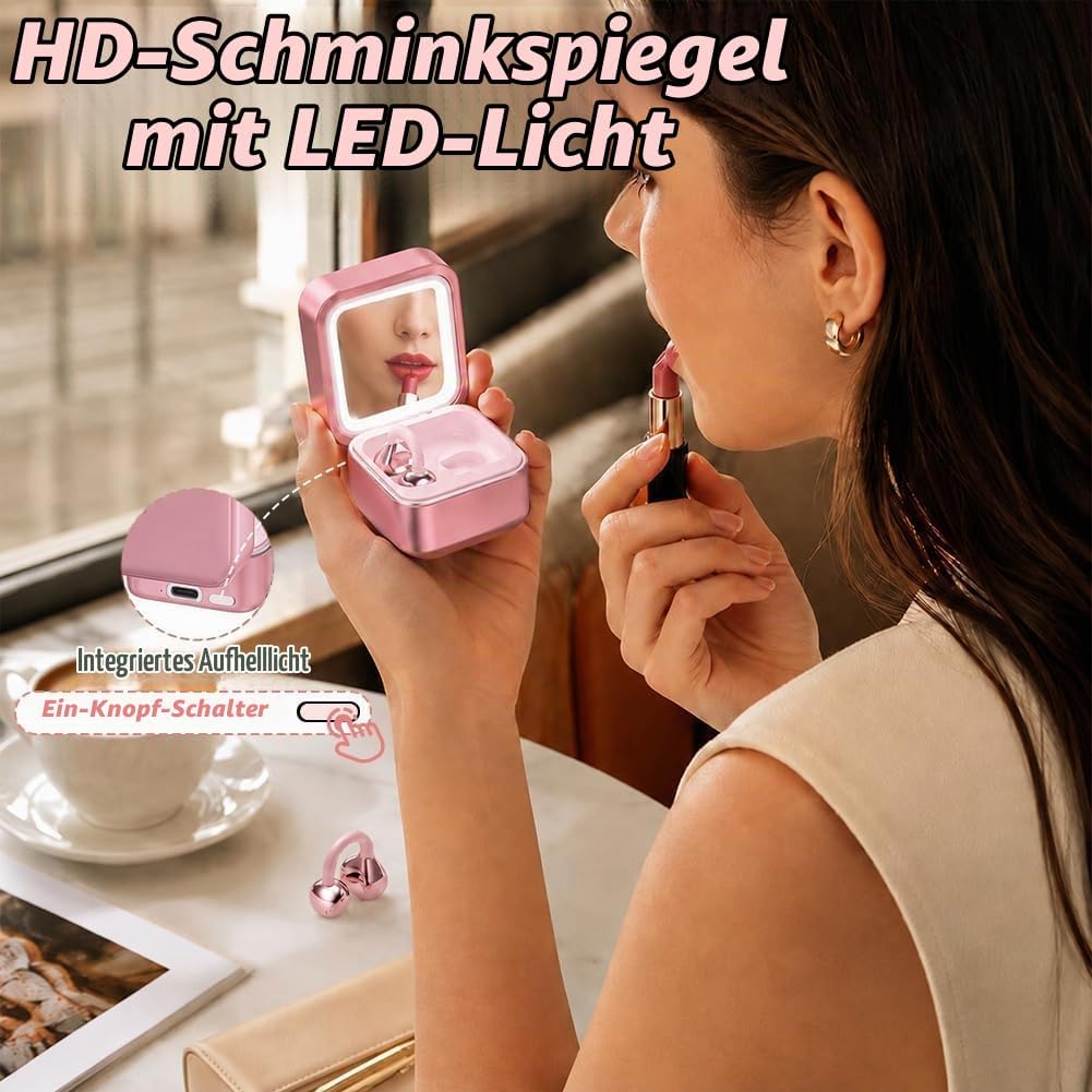 Open Ear Kopfhörer Bluetooth Kabellos, Clip-On Ohrhörer mit Bluetooth 6.0, Ladecase mit LED Kosmetik