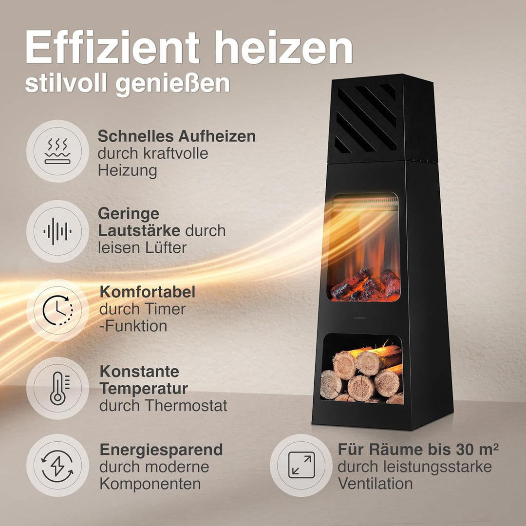 KAMINIO Elektrischer Gartenkamin Kai - Elektro Terrassenofen mit Heizung, 3D-Flammeneffekt, Holzfach
