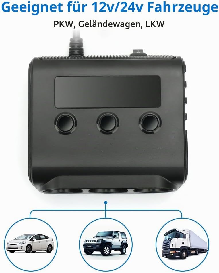 Auto Ladegerät Car Charger, 3 Fach KFZ Verteiler 12/24V Mehrfachstecker Zigarettenanzünder USB Autol