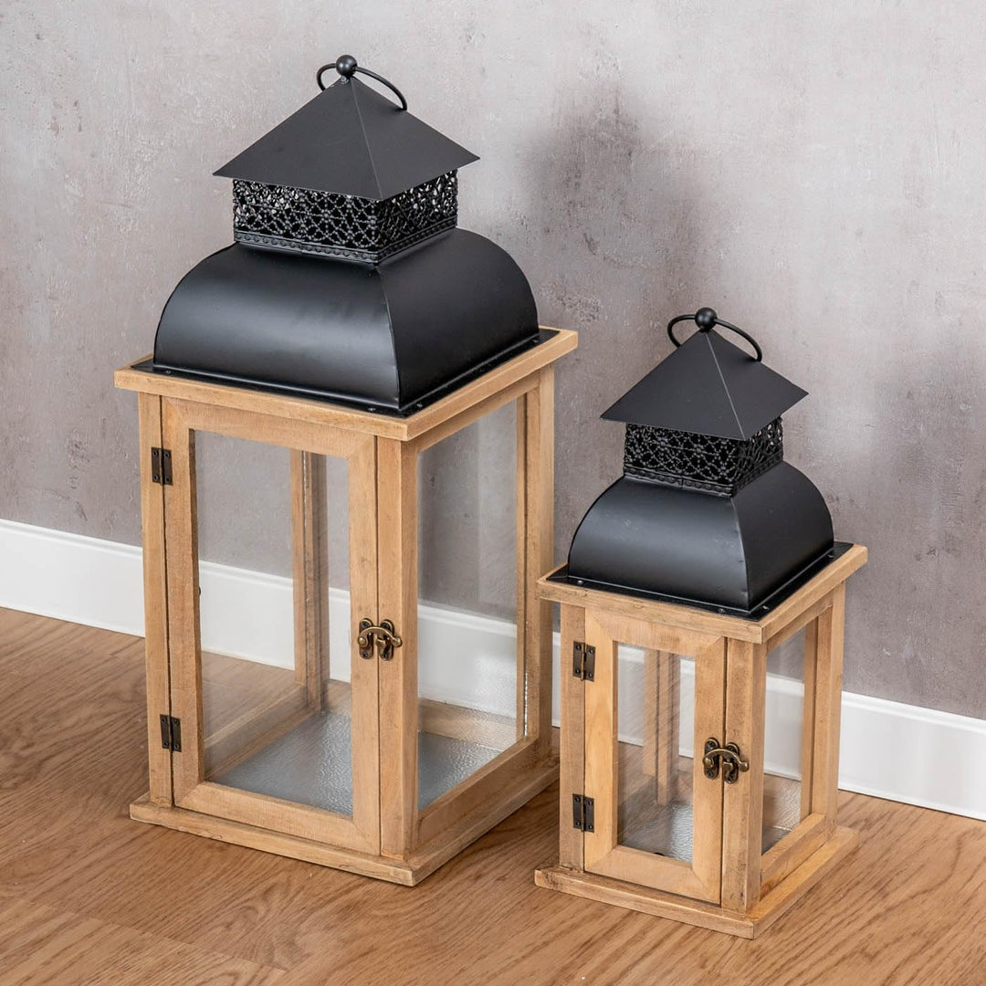 2er Set Laterne Braun Holz Metall Kerzenhalter Windlicht Gartendeko Holzlaterne Gartenlaterne Garten