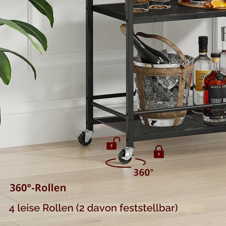 Servierwagen mit Rollen Barwagen mit Gläserablage und Weinregal Metall Teewagen Küchenwagen auf Roll