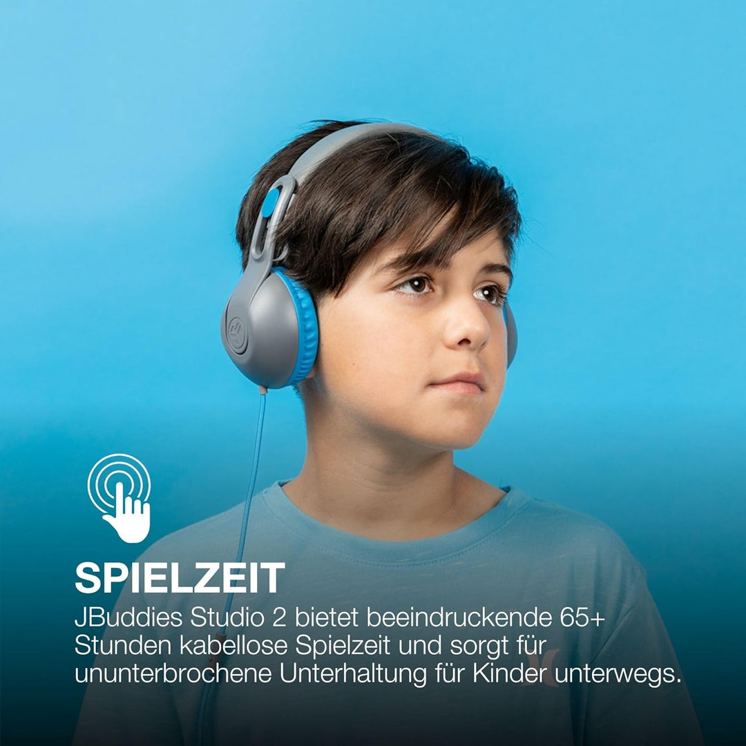 JLab JBuddies Studio 2 Kabellose + verkabelte On-Ear-Kinder-Kopfhörer, Grau/Blau, 65+ Stunden Akkula