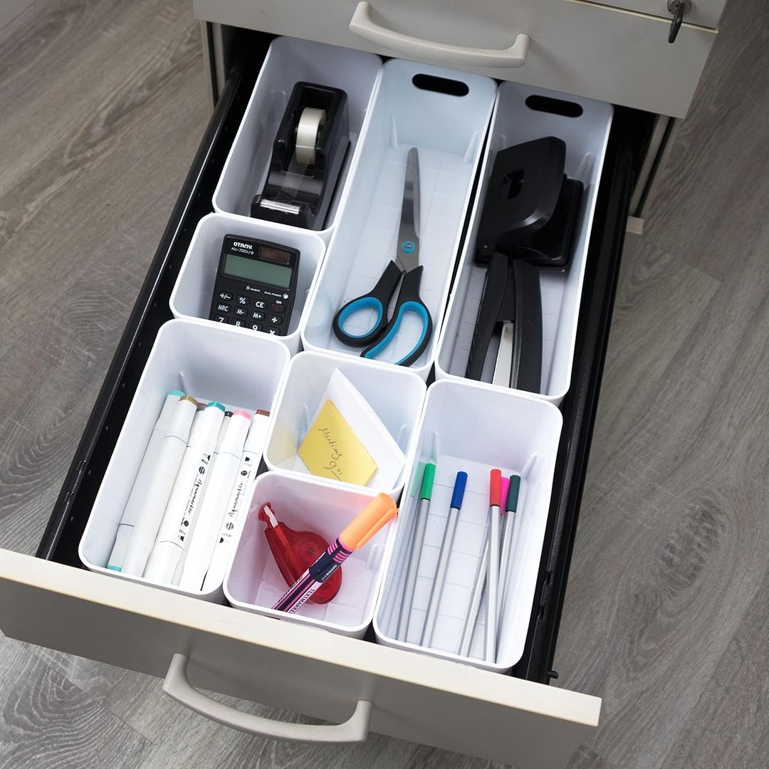 12x Ordnungsboxen - 10 cm hoch - WEIss - 30x10x10cm - 2 Liter - Ordnungskorb - Schubladenorganizer S