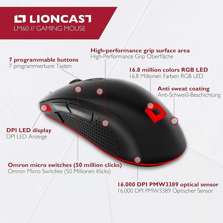 Lioncast ® LM60 Gaming Maus mit Kabel [PROGRAMMIERBARE Tasten] - Gaming-Mäuse für PC - Beste MMO Gam