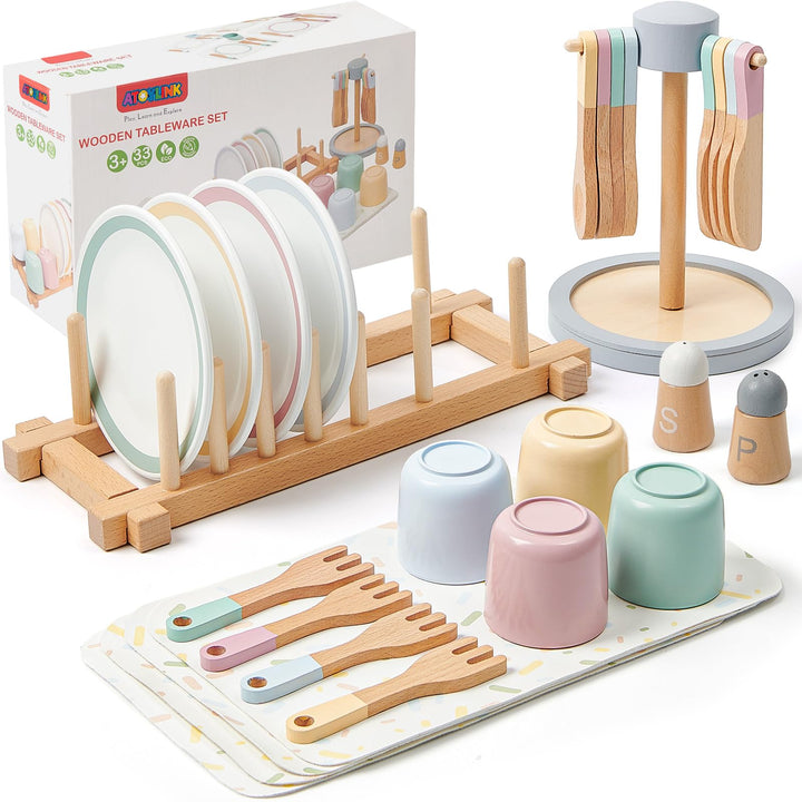 Atoylink Kinderküche Zubehör Holz, 33 Pcs Geschirrset mit Tassen Teller, Spielküche Zubehör Geschirr