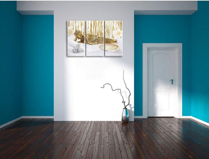 Pixxprint Goldener Buddha auf Handtuch als Leinwandbild/Grösse: 3 Teilig (120x80 cm) cm/Wandbild/Kun