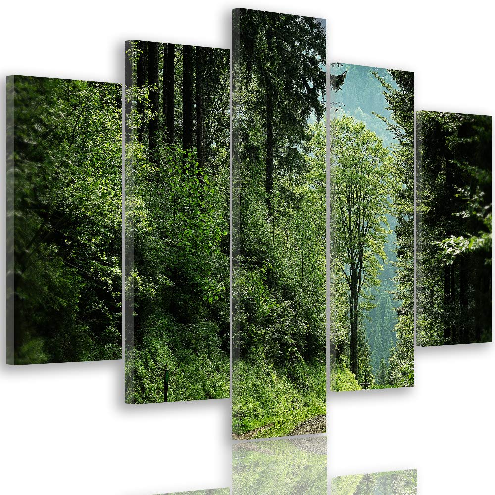 Feeby Bild auf Leinwand Landschaft 5 Teilig Modern Natur Wald Bäume grün 200x100 cm Leinwandbild 200