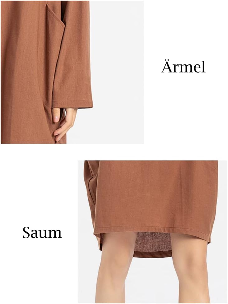 FTCayanz Damen T-Shirt Tunika Kleid Langes Leinenkleider Elegant Langarm Blusenkleid Mini Kleider L