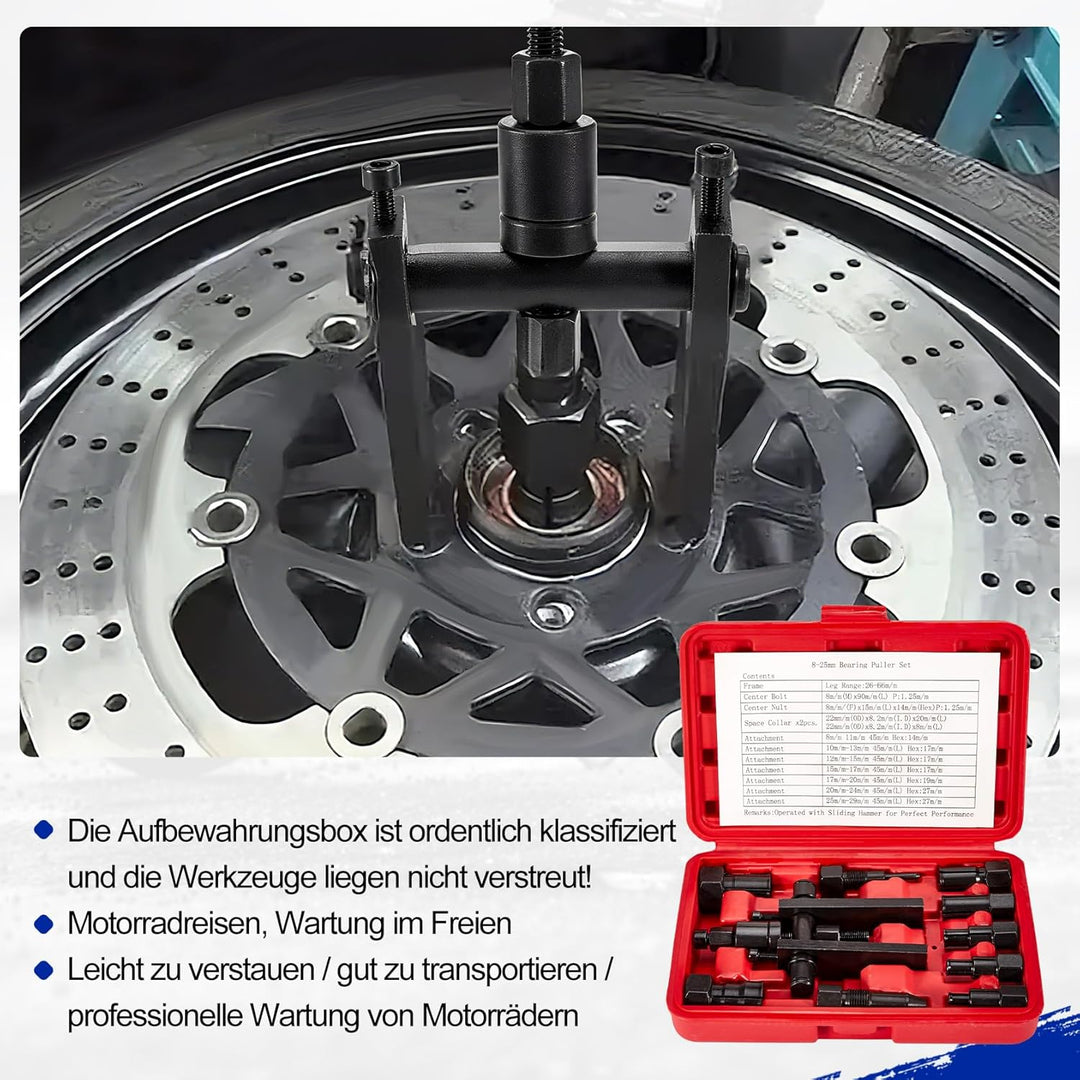 CarBole Motorrad-Innenlager-Abzieher-Set mit Aufbewahrungsbox 8-25 mm Innenlager-Entfernungswerkzeug