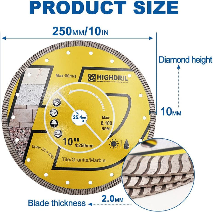 HIGHDRIL Diamant Trennscheibe 250mm Super Dünne Schneiden für Beton,Granit,Naturstein,Ziegel,Trocken